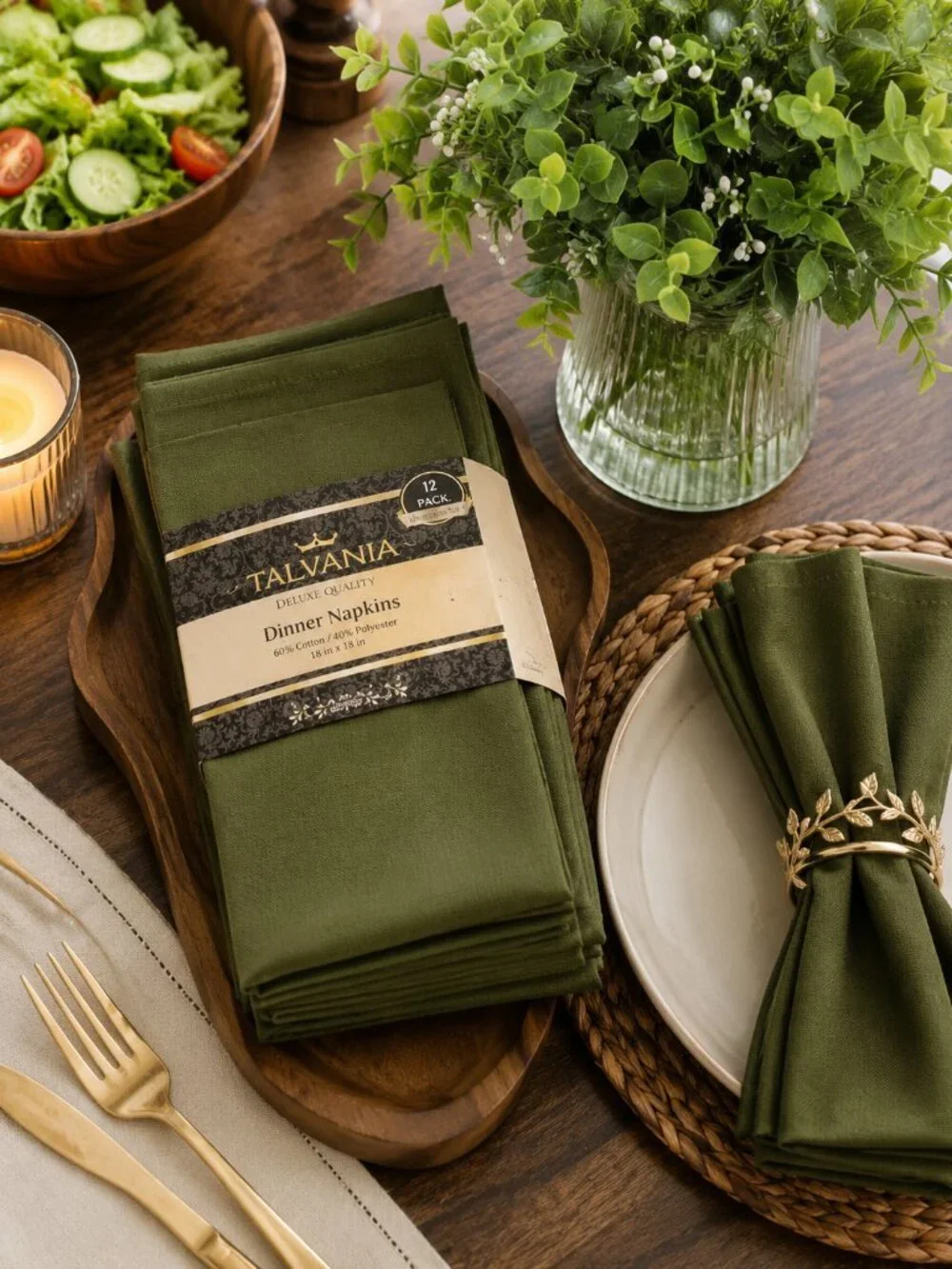Talvania Olive Green Cloth Dinner Napkins Set of 12 18x18 Cotton Blend